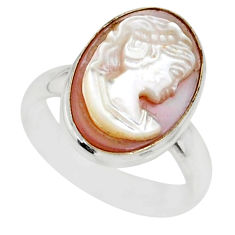 4.84cts lady face natural pink cameo on shell 925 silver ring size 8 r80442