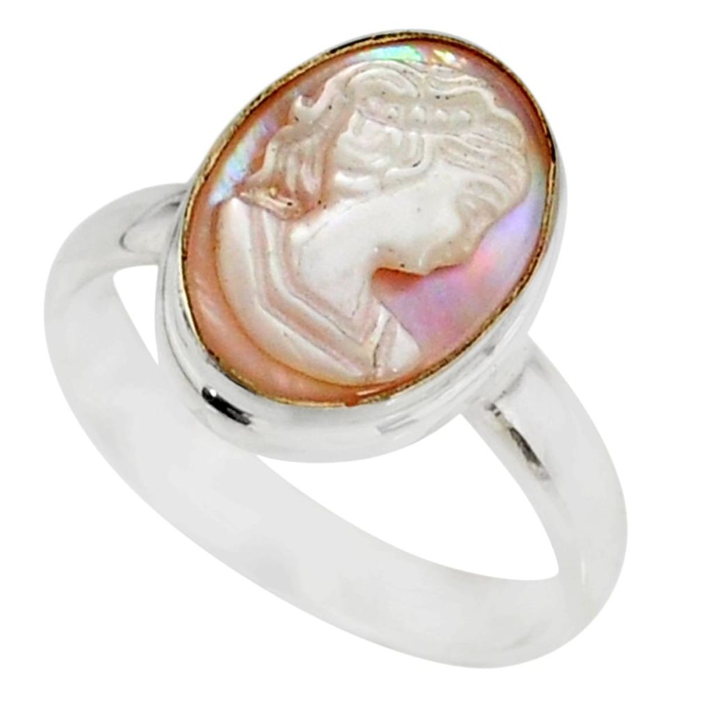 5.11cts lady face natural pink cameo on shell 925 silver ring size 9 r80445