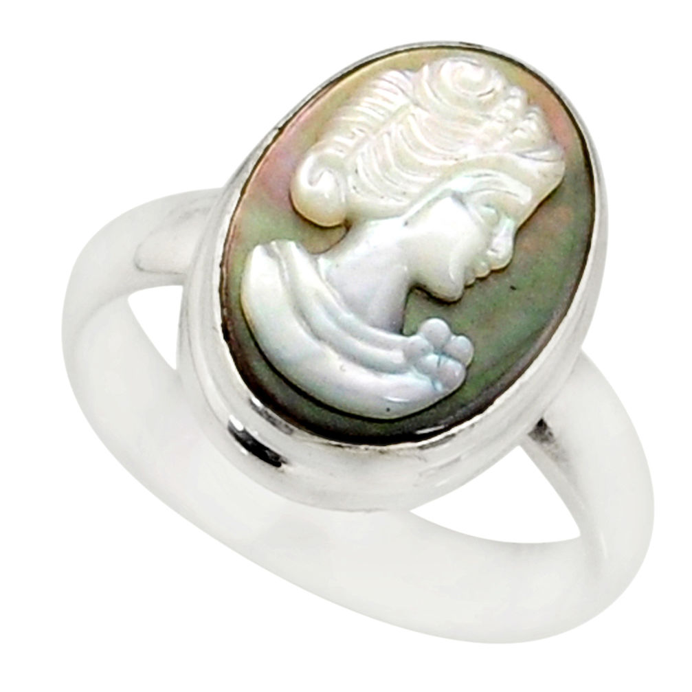 4.67cts lady face natural titanium cameo on shell 925 silver ring size 7 r80460