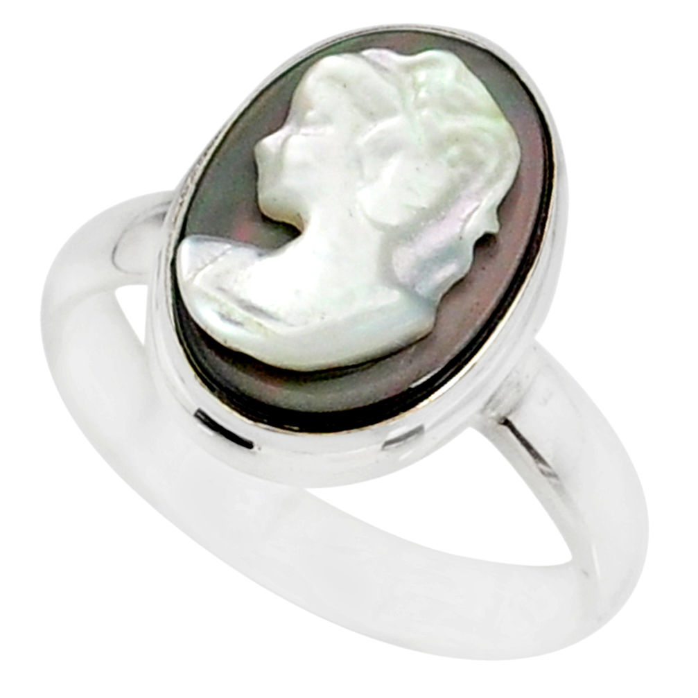 4.84cts lady face natural titanium cameo on shell silver ring size 6.5 r80462