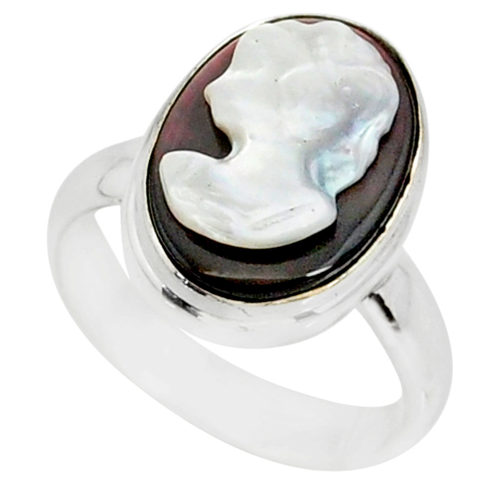 5.11cts lady face natural titanium cameo on shell silver ring size 8.5 r80463
