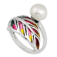 5.18cts leaf natural white pearl red green enamel 925 silver ring size 8 c29707