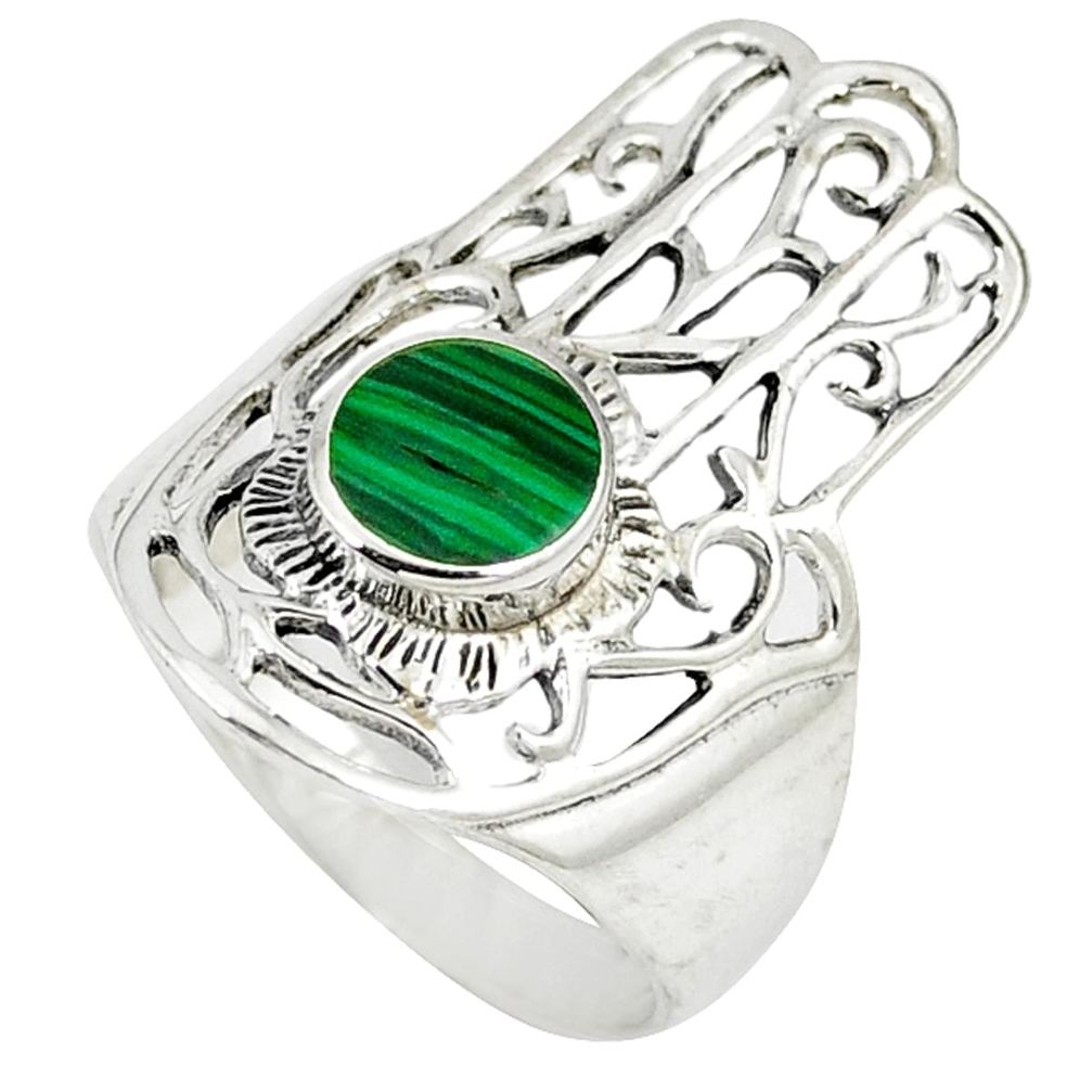 Malachite (pilot's stone) 925 silver hand of god hamsa ring size 7.5 c12760