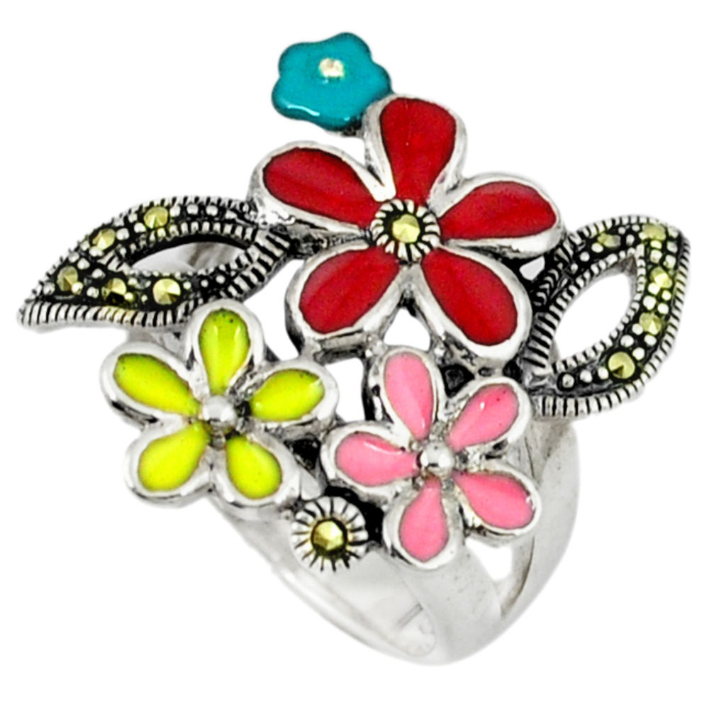 8.69gms marcasite enamel 925 sterling silver flower ring jewelry size 7.5 c18582