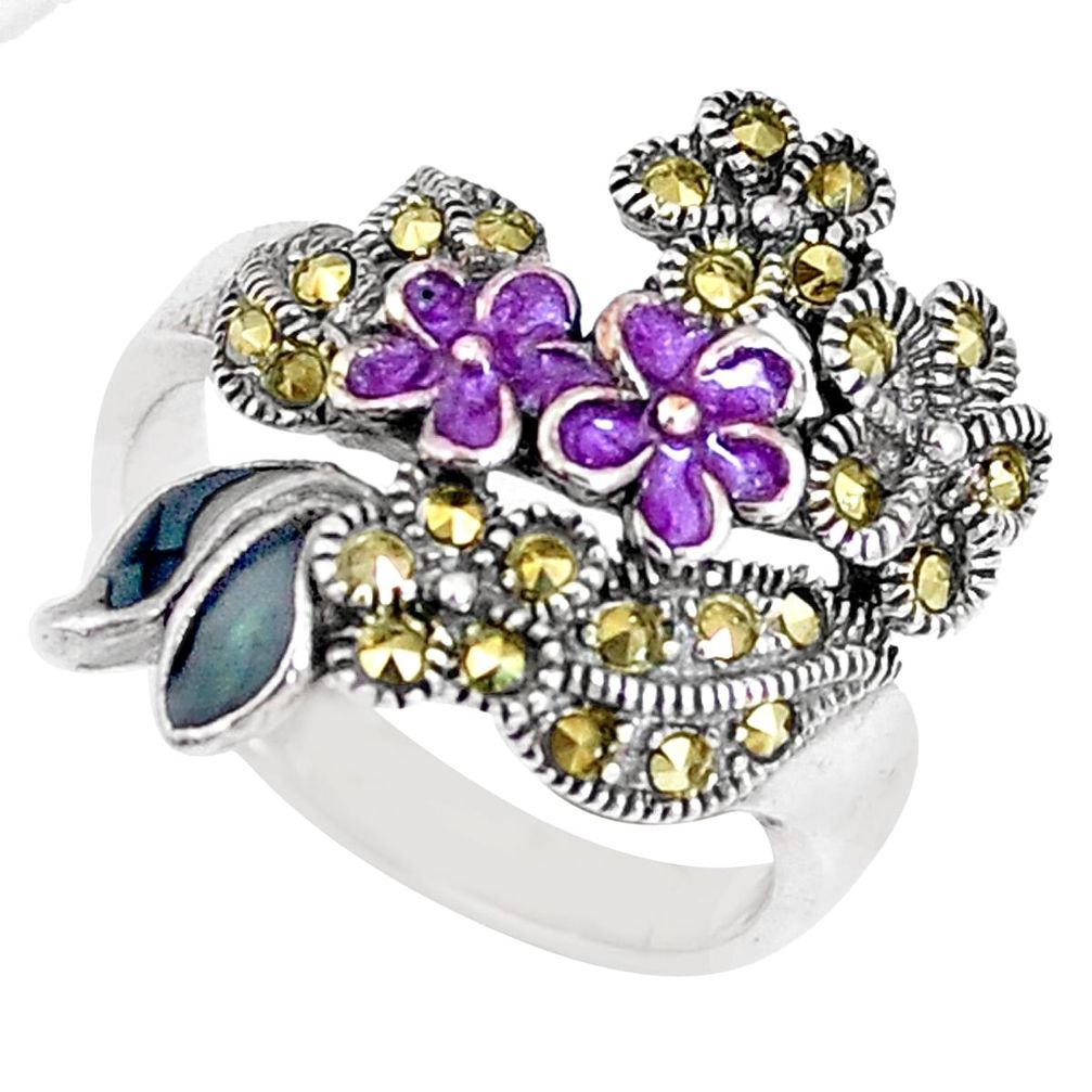 6.89gms marcasite enamel 925 sterling silver flower ring jewelry size 8.5 c26094