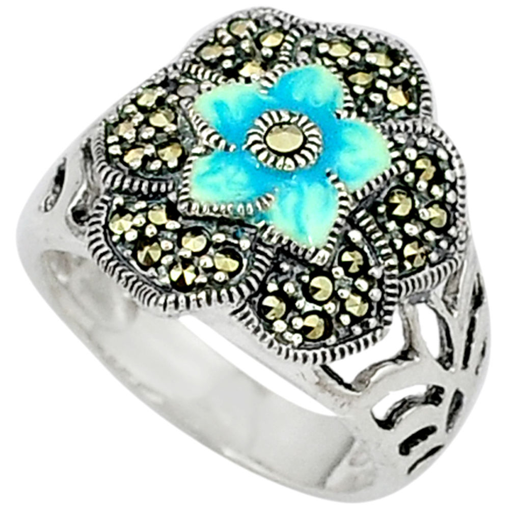 6.63gms marcasite enamel 925 sterling silver ring jewelry size 7.5 c18467