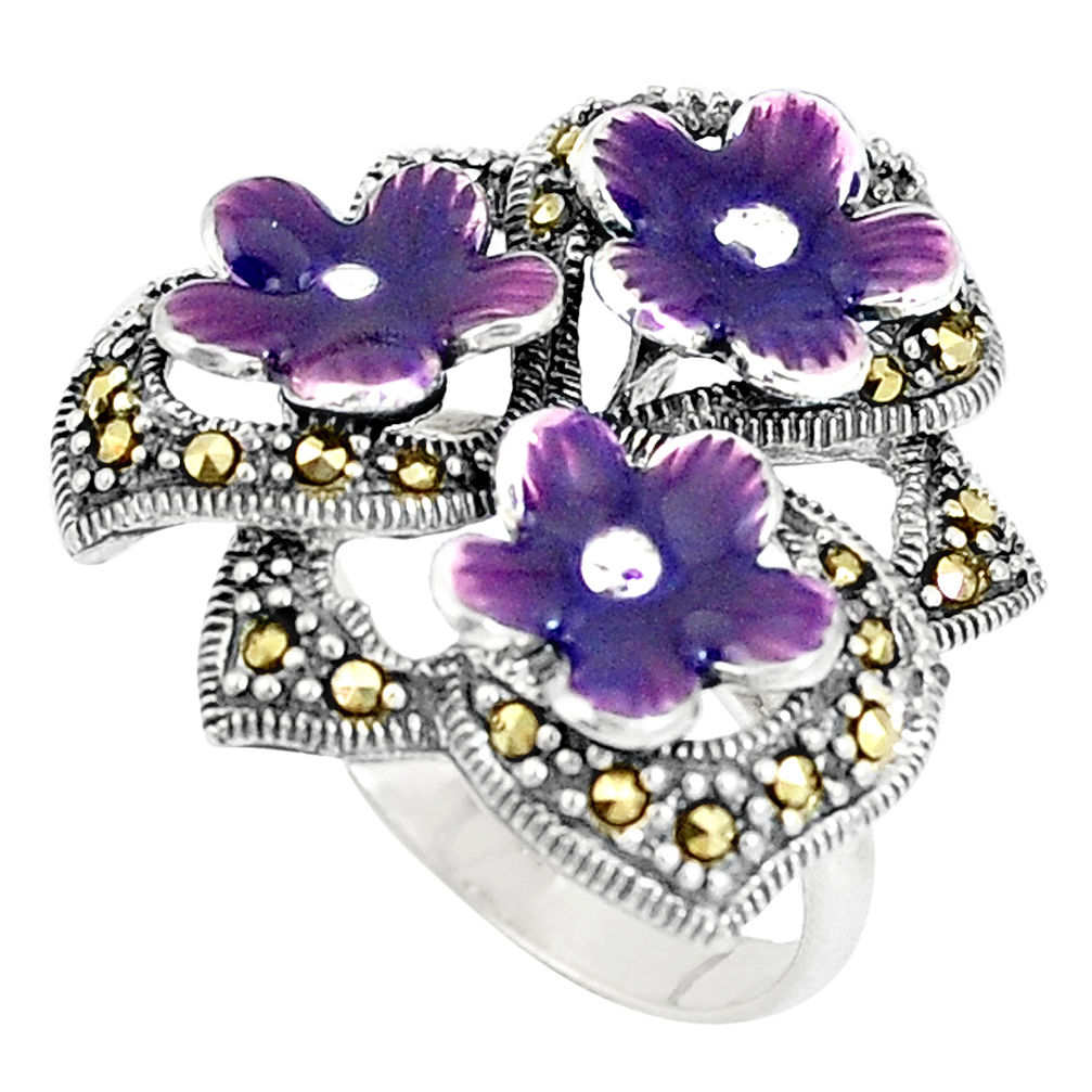 10.25gms fine marcasite enamel 925 sterling silver flower ring size 6.5 c15966