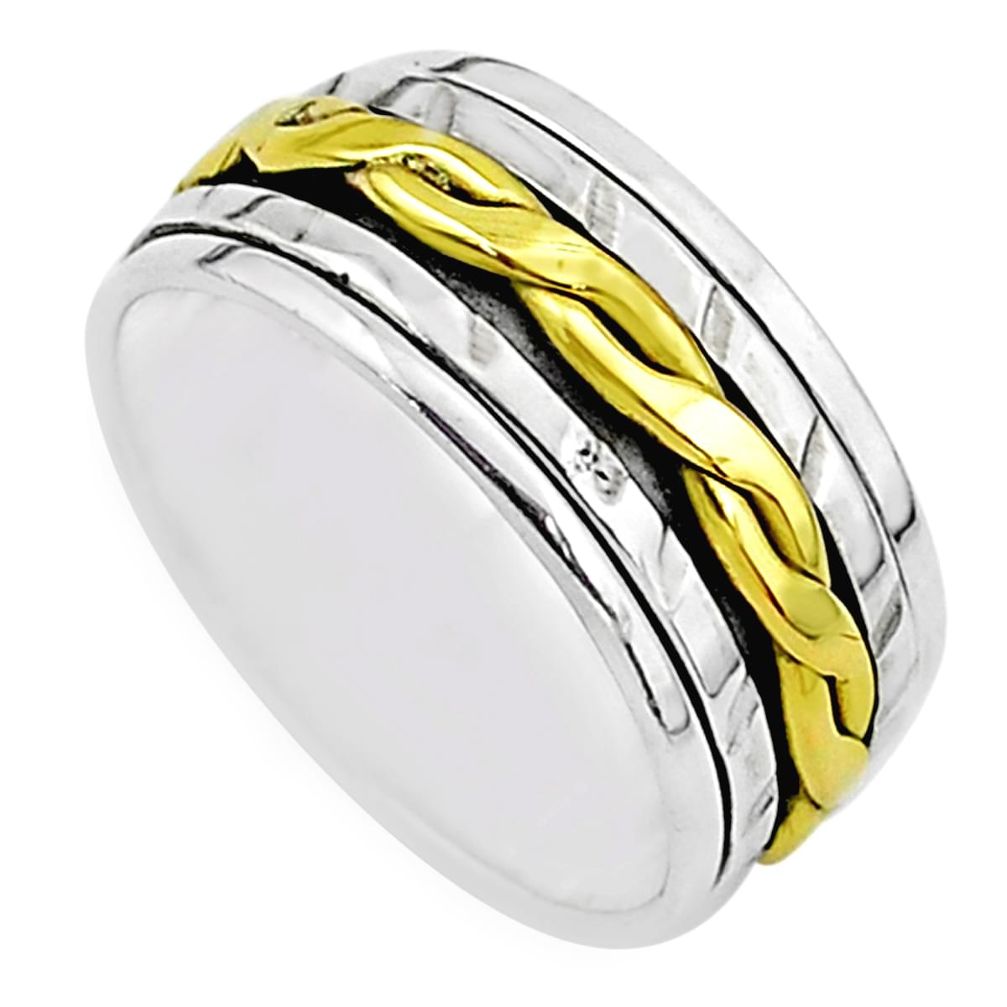 5.68gms meditation 925 sterling silver two tone spinner band ring size 7.5 t5744