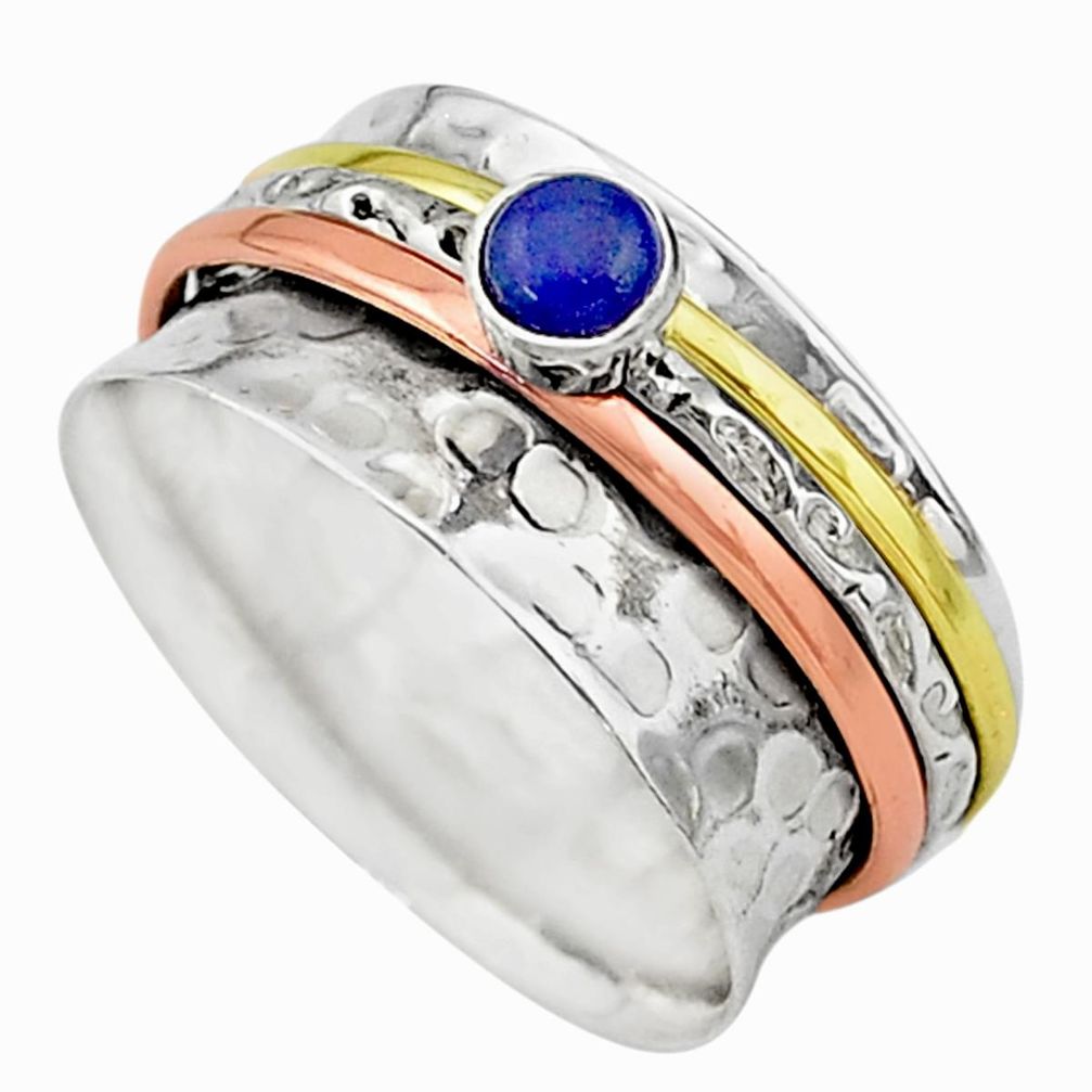 Meditation band blue lapis lazuli 925 silver two tone spinner ring size 9 t12636