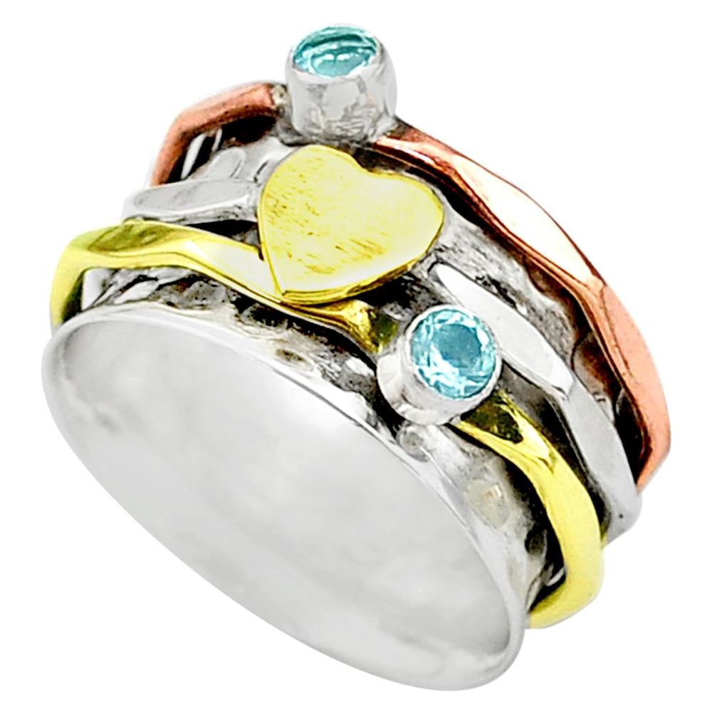 Meditation band blue topaz 925 silver two tone spinner ring size 7.5 t12693