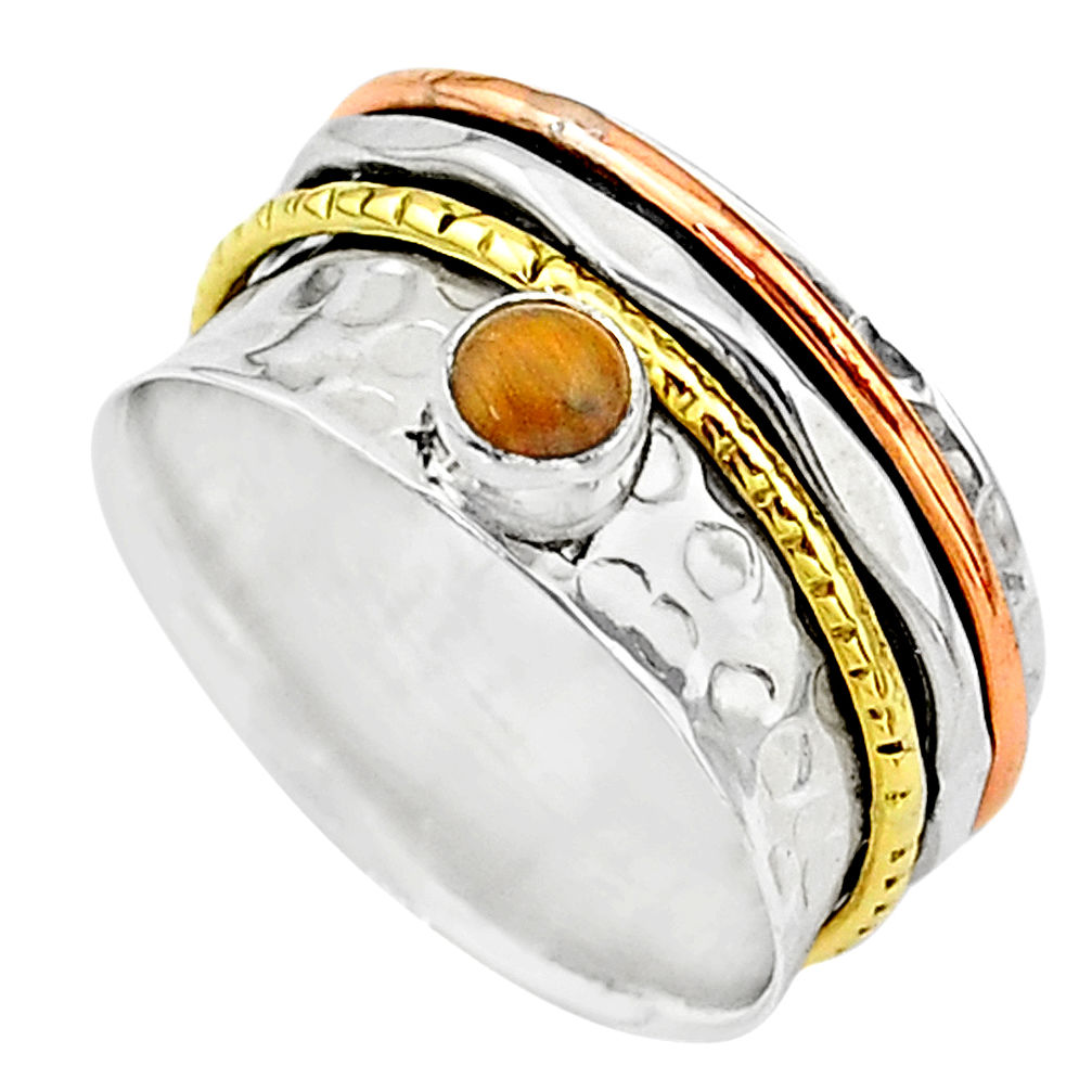 Meditation band brown tiger's eye silver two tone spinner ring size 8.5 t12672