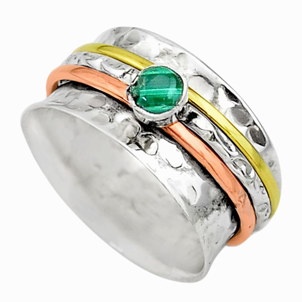 Meditation band green malachite925 silver two tone spinner ring size 8.5 t12635