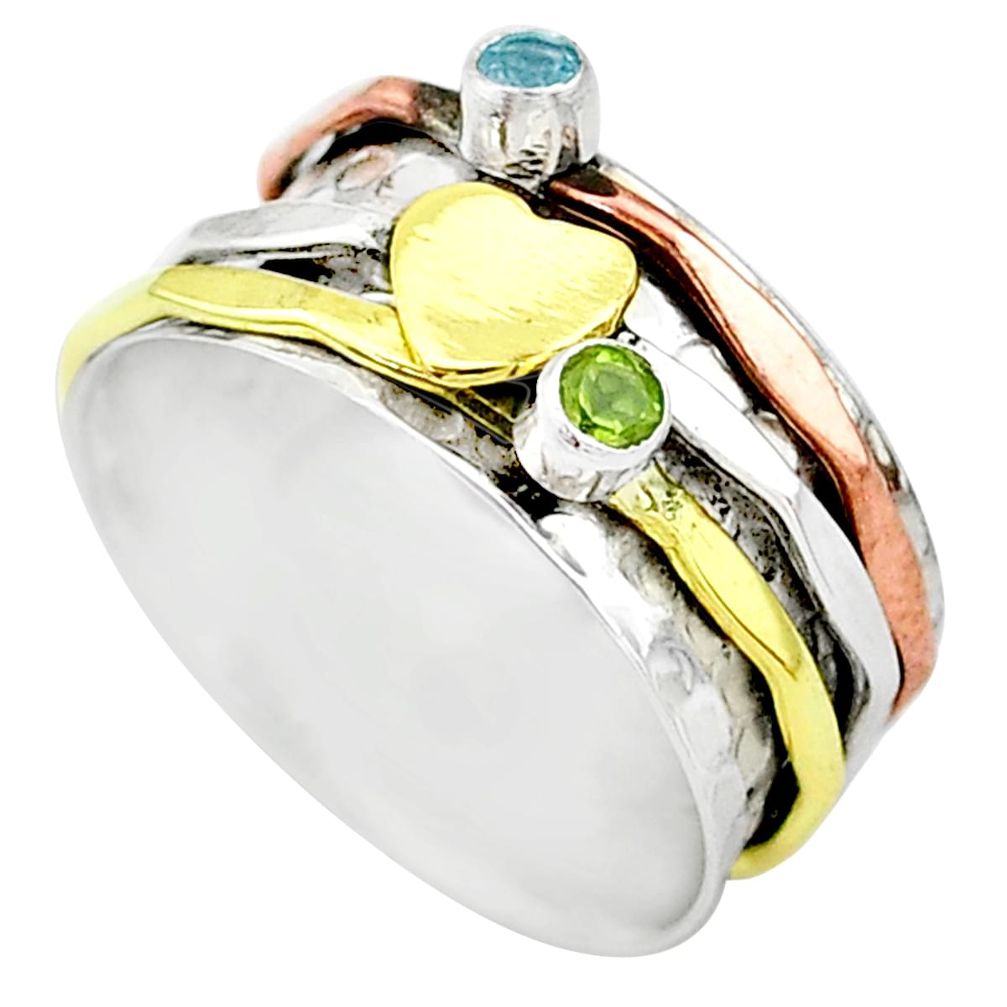 Meditation band green peridot 925 silver two tone spinner ring size 10 t12695