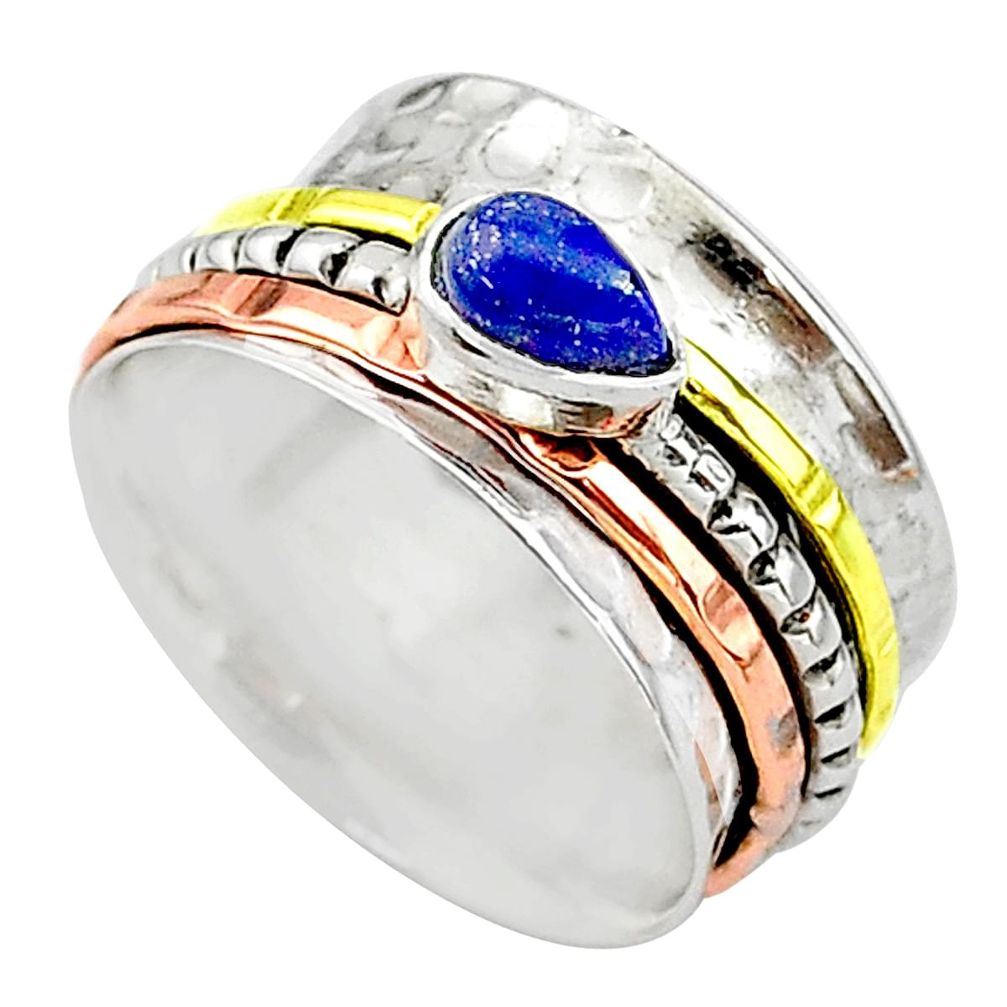 Meditation band lapis lazuli 925 silver two tone spinner ring size 7 t12735