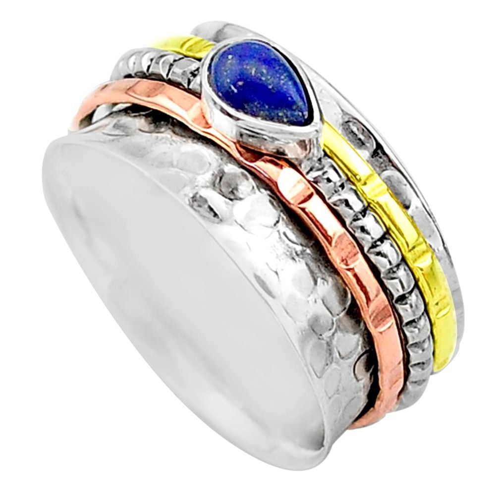 Meditation band lapis lazuli 925 silver two tone spinner ring size 9 t12739