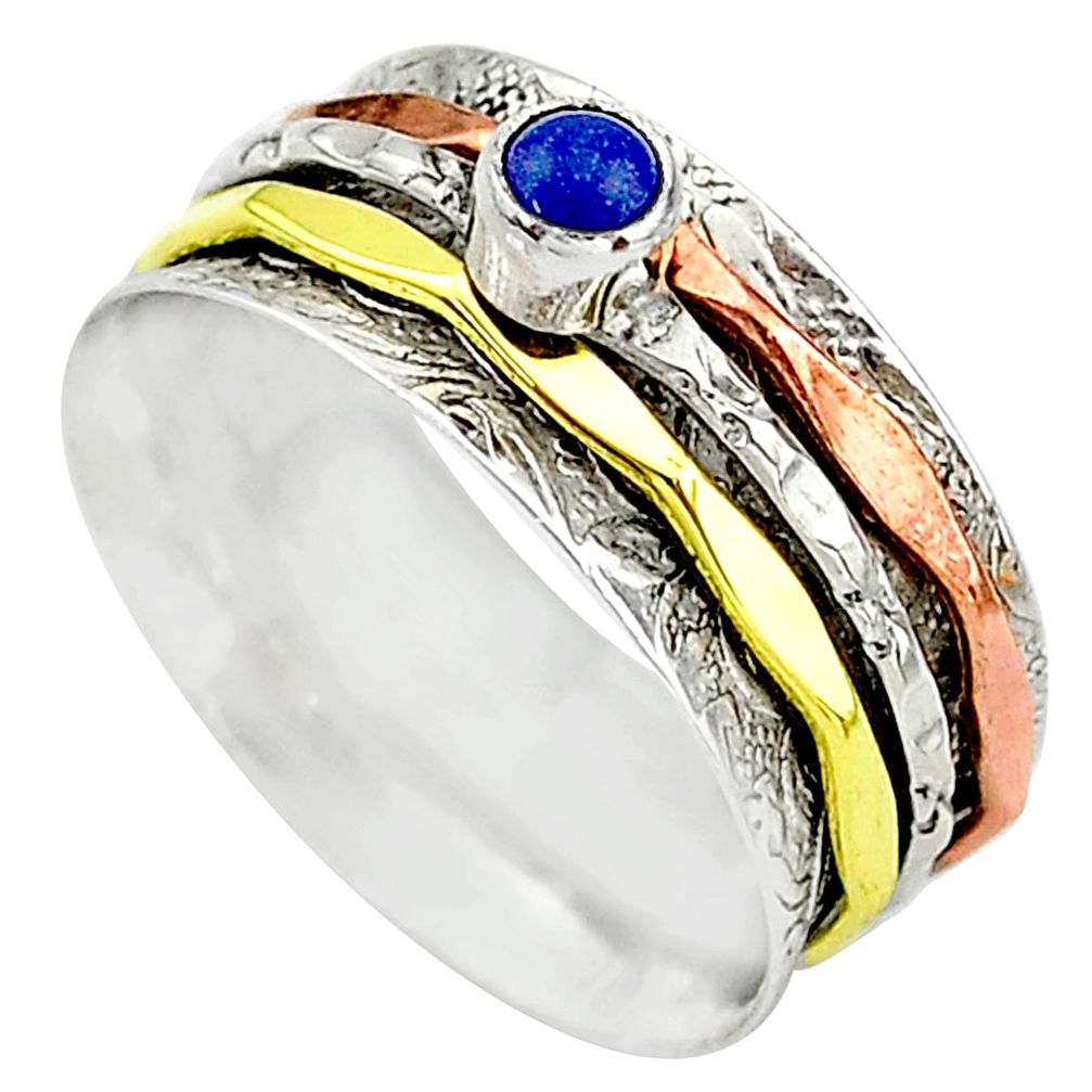Meditation band lapis lazuli 925 silver two tone spinner ring size 10.5 t12733