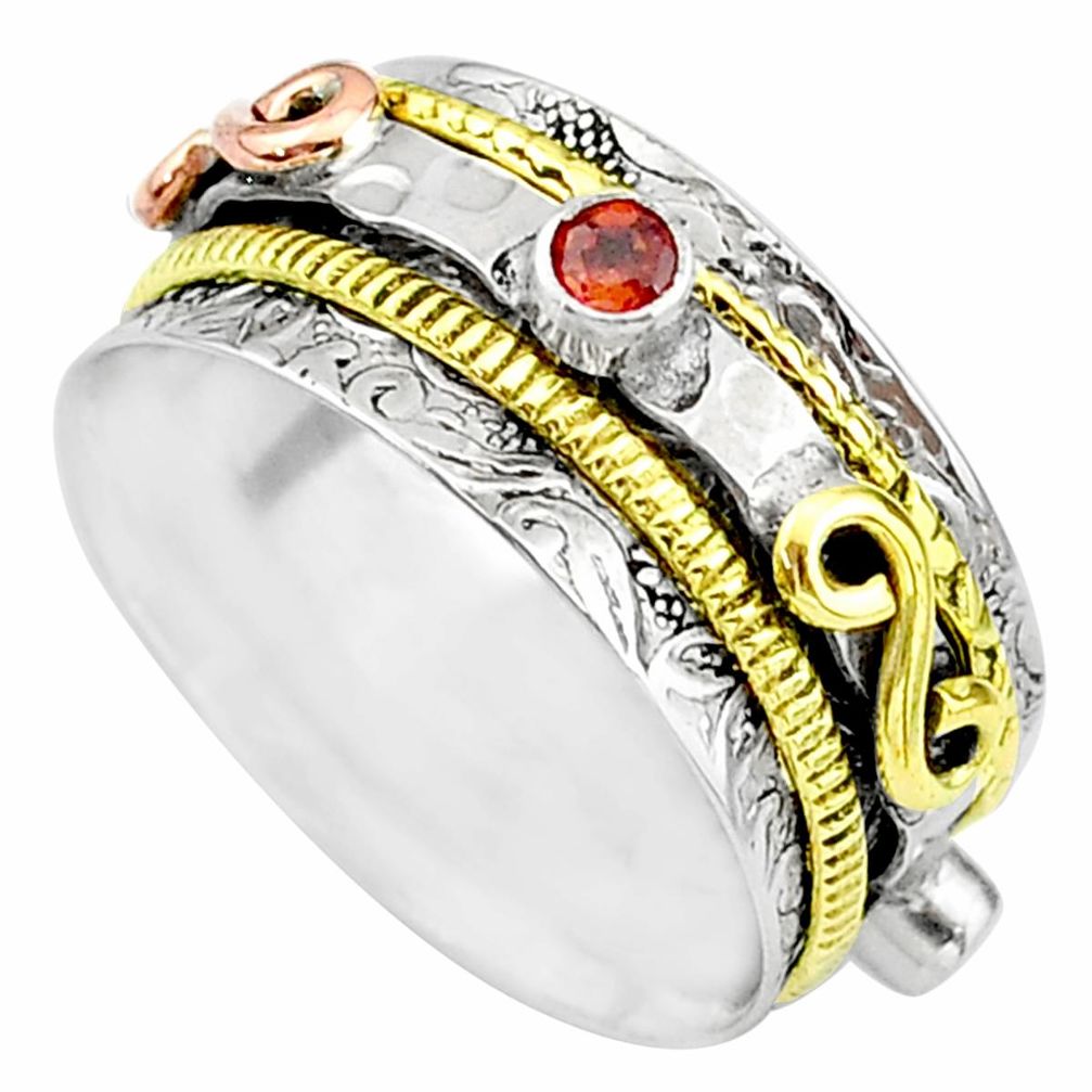 Meditation band natural garnet 925 silver two tone spinner ring size 8.5 t12683