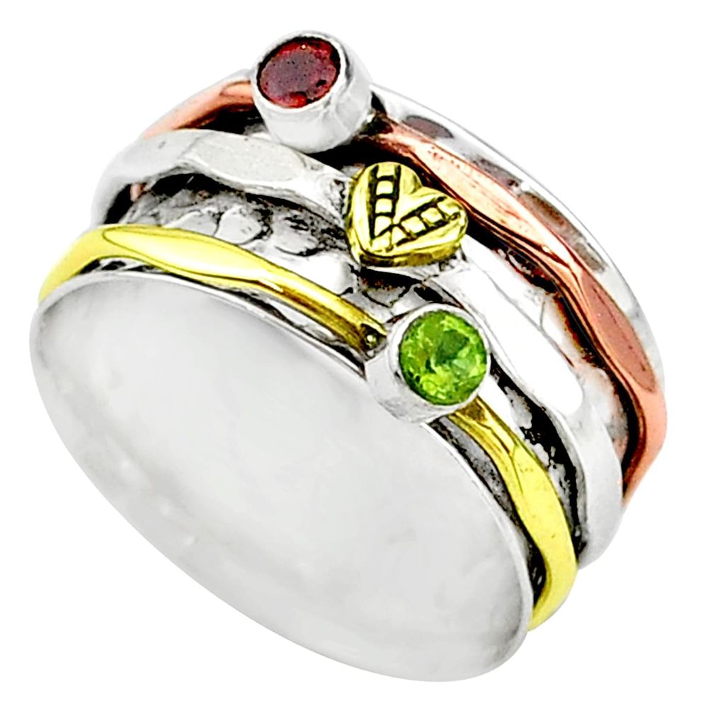 Meditation band natural garnet silver two tone spinner ring size 8.5 t12718