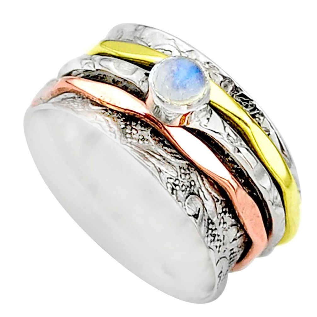 Meditation band rainbow moonstone 925 silver two tone spinner ring size 7 t12738