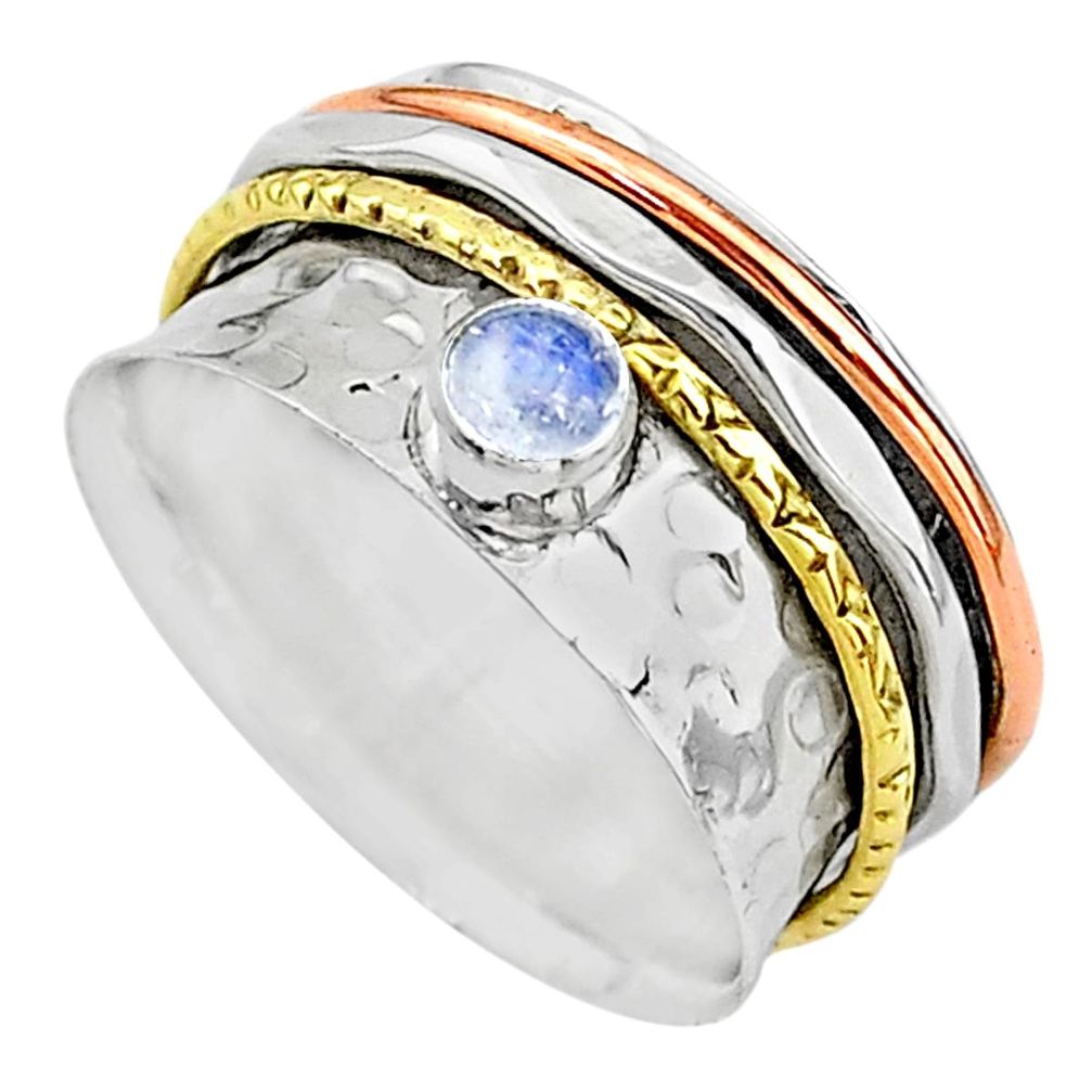 Meditation band rainbow moonstone silver two tone spinner ring size 7.5 t12669