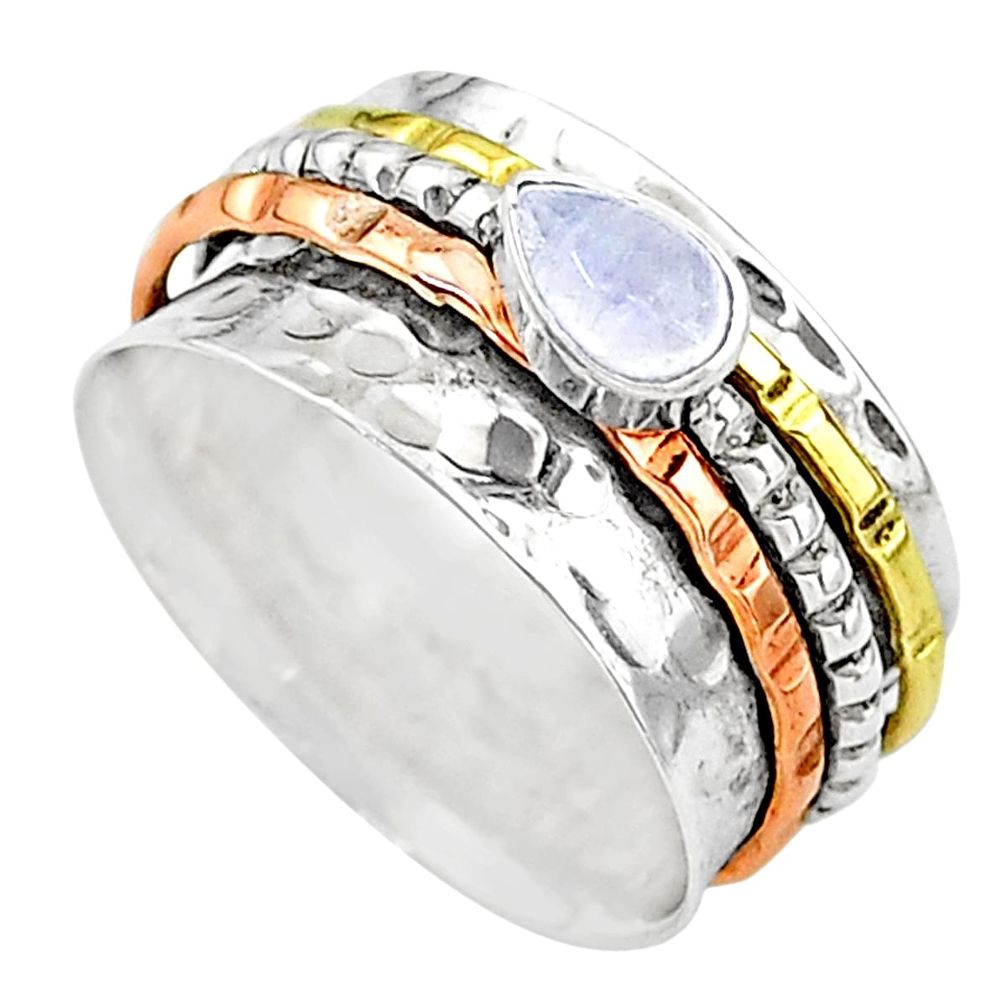 Meditation band rainbow moonstone silver two tone spinner ring size 8.5 t12671