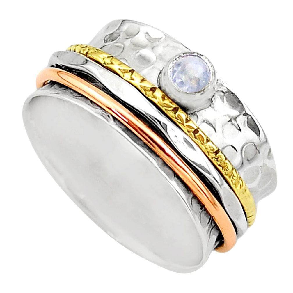 Meditation band rainbow moonstone silver two tone spinner ring size 10.5 t12673