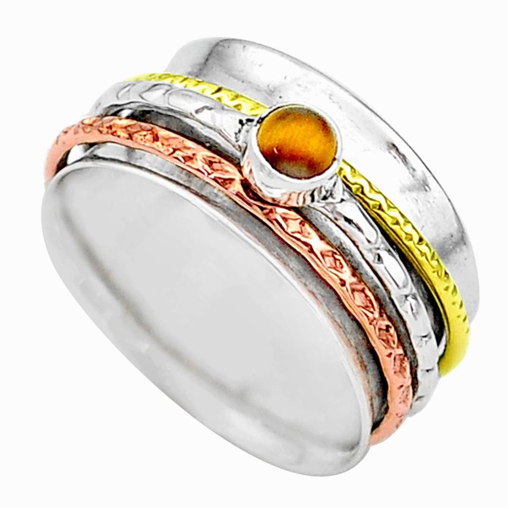 Meditation band tiger's eye 925 silver two tone spinner ring size 8 t12714
