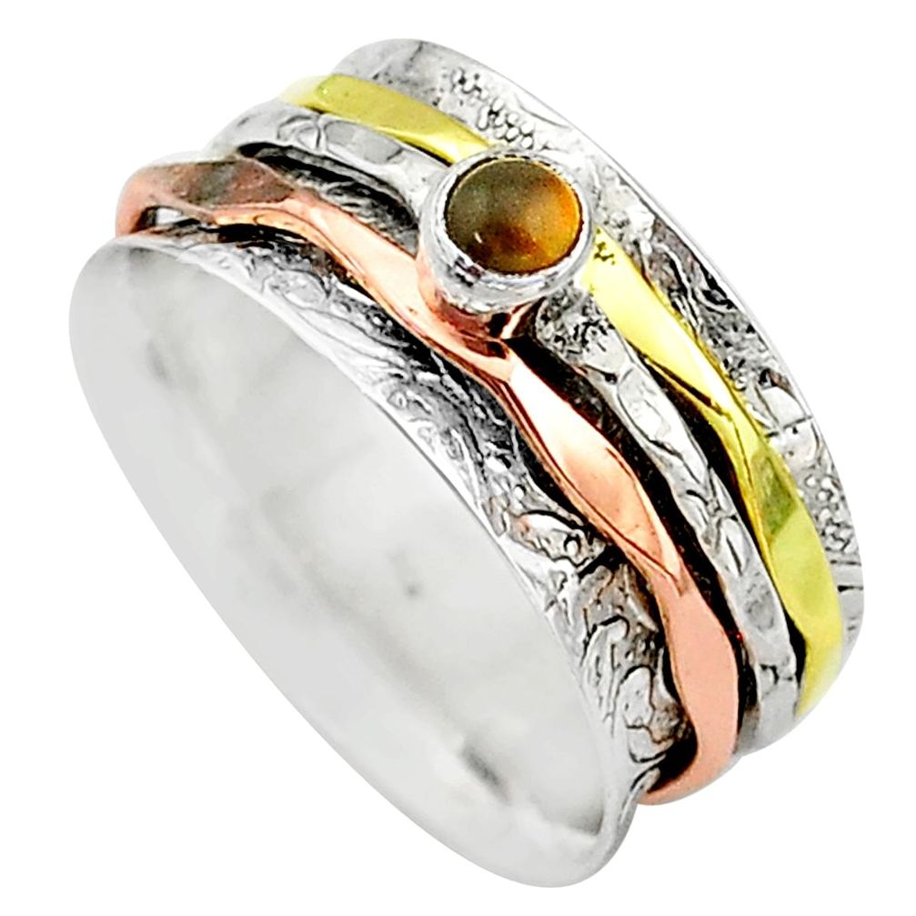 Meditation band tiger's eye 925 silver two tone spinner ring size 10.5 t12727