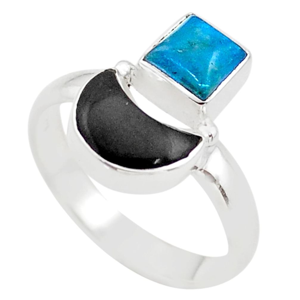 6.35cts moon natural blue apatite (madagascar) onyx silver ring size 9 t68646