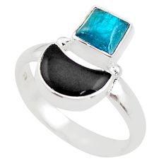 6.39cts moon natural blue apatite (madagascar) onyx silver ring size 8.5 t68643