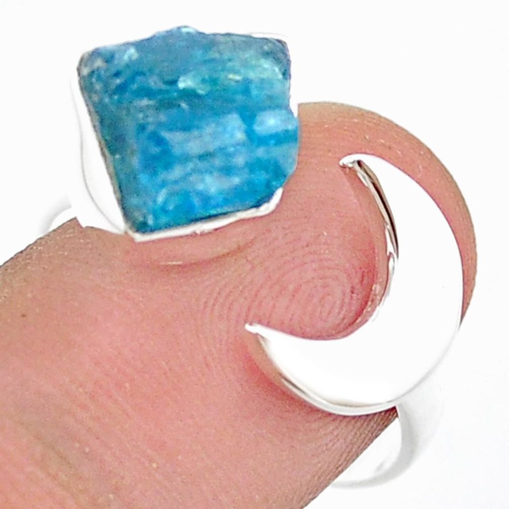 5.51cts moon natural blue apatite rough 925 silver adjustable ring size 9 u41994
