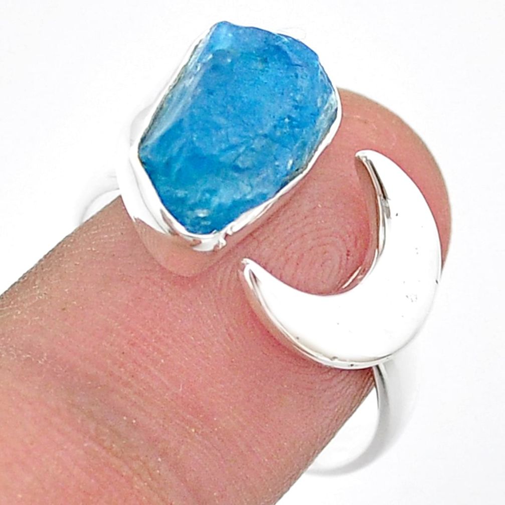 5.44cts moon natural blue apatite rough 925 silver adjustable ring size 9 u41998