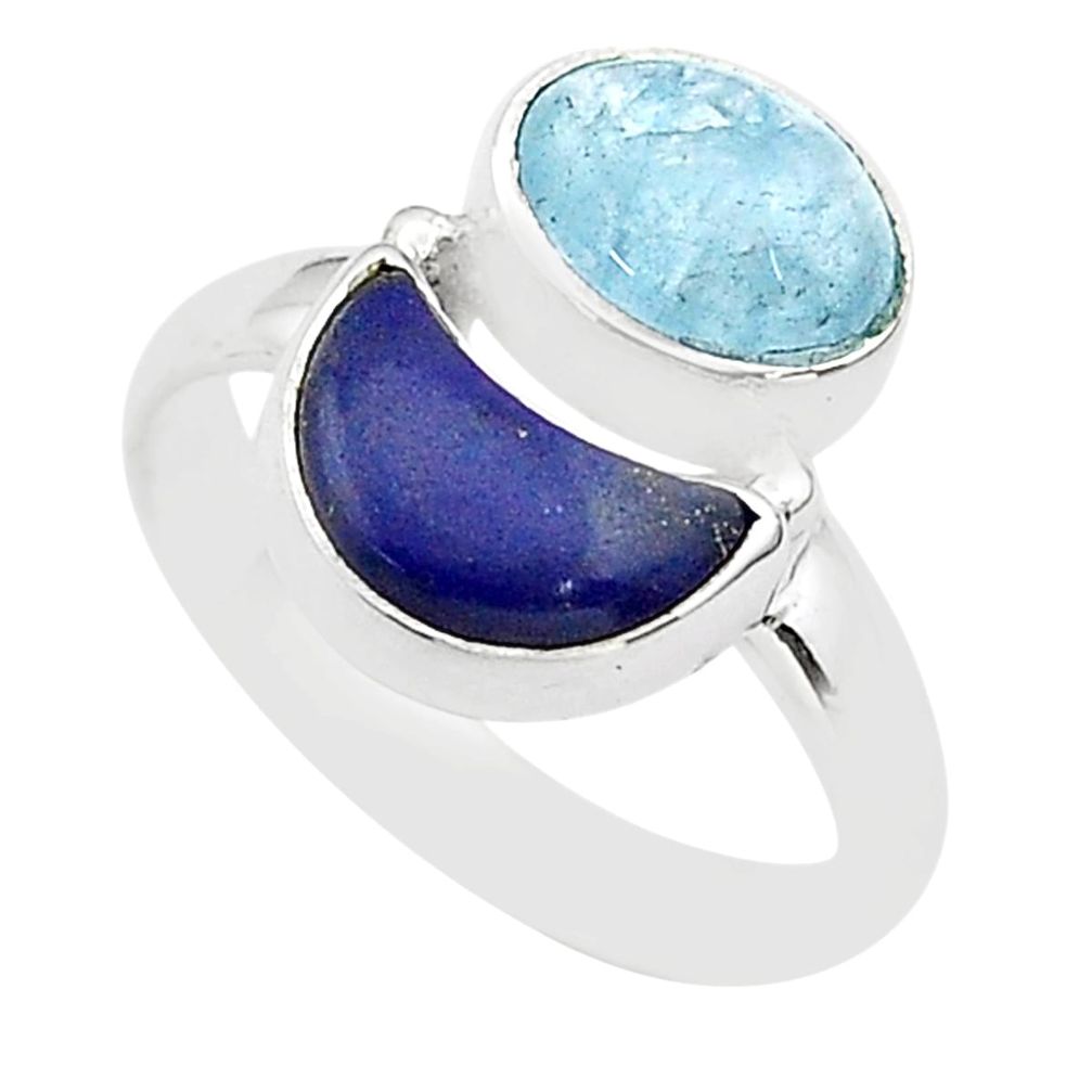 6.82cts moon natural blue aquamarine lapis lazuli 925 silver ring size 8 t68801