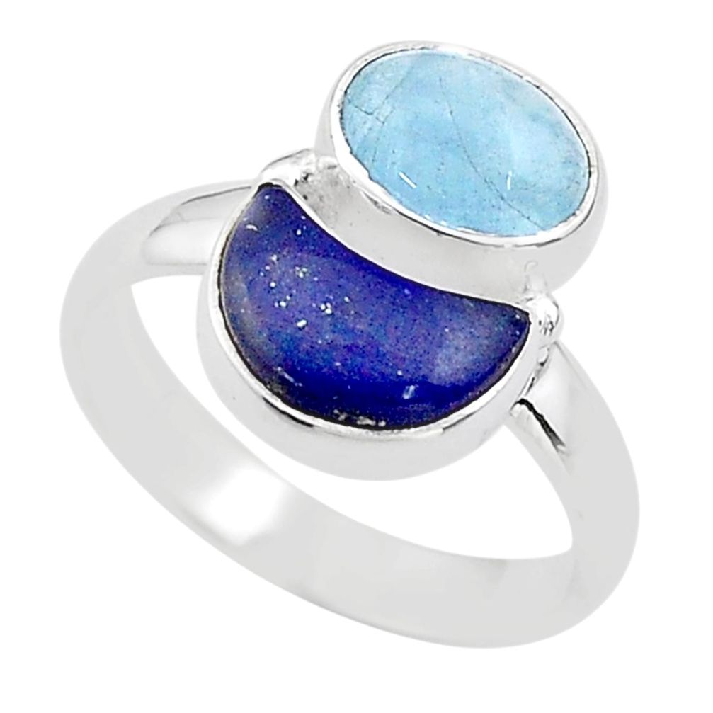 7.17cts moon natural blue aquamarine lapis lazuli silver ring size 7.5 t68811