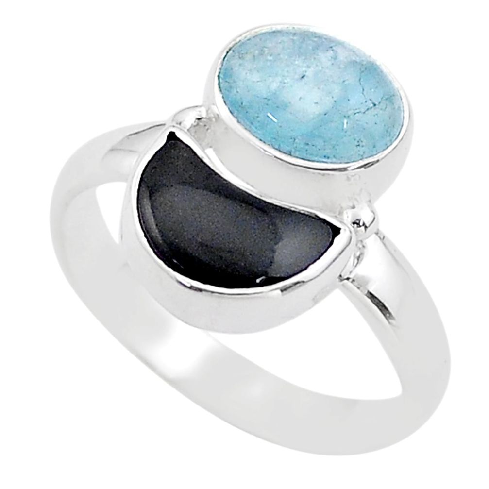 6.82cts moon natural blue aquamarine onyx 925 silver ring size 8.5 t68803