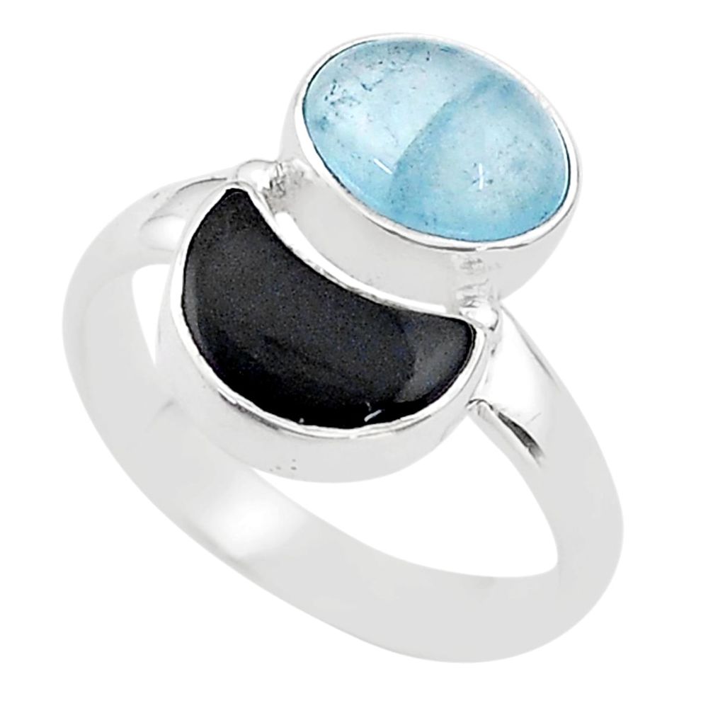 6.80cts moon natural blue aquamarine onyx 925 sterling silver ring size 8 t68802