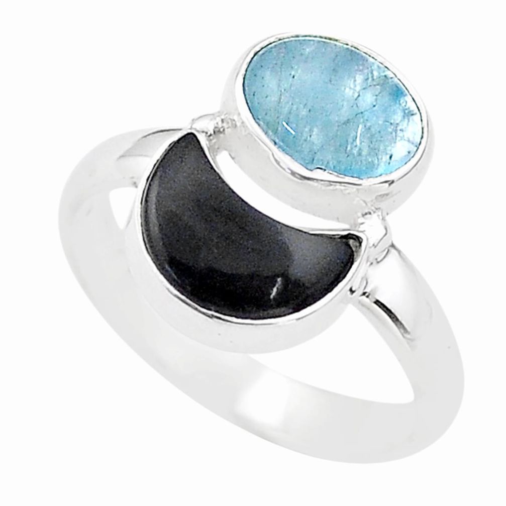 6.39cts moon natural blue aquamarine onyx 925 sterling silver ring size 8 t68816