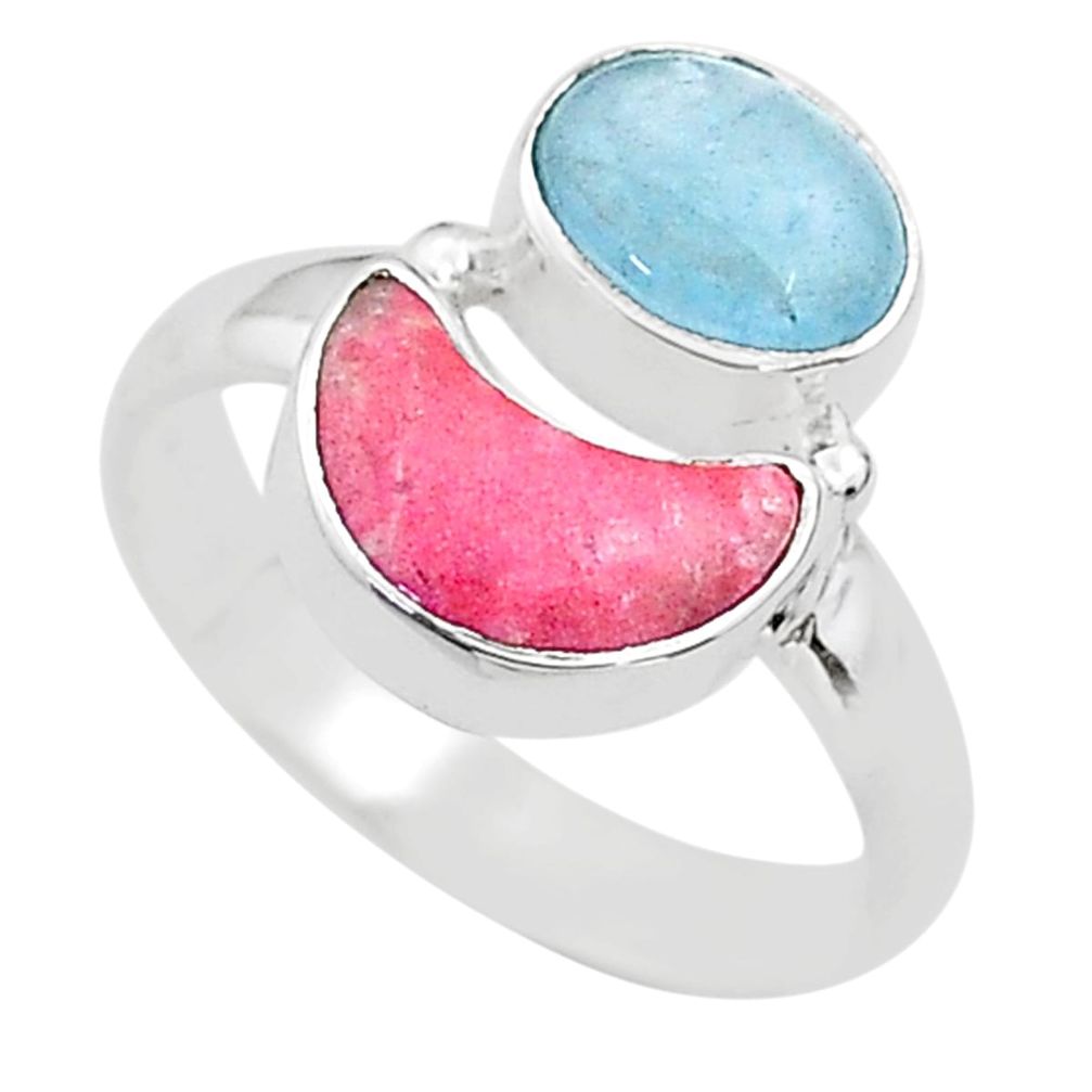 6.04cts moon natural blue aquamarine oval thulite 925 silver ring size 7 t68806