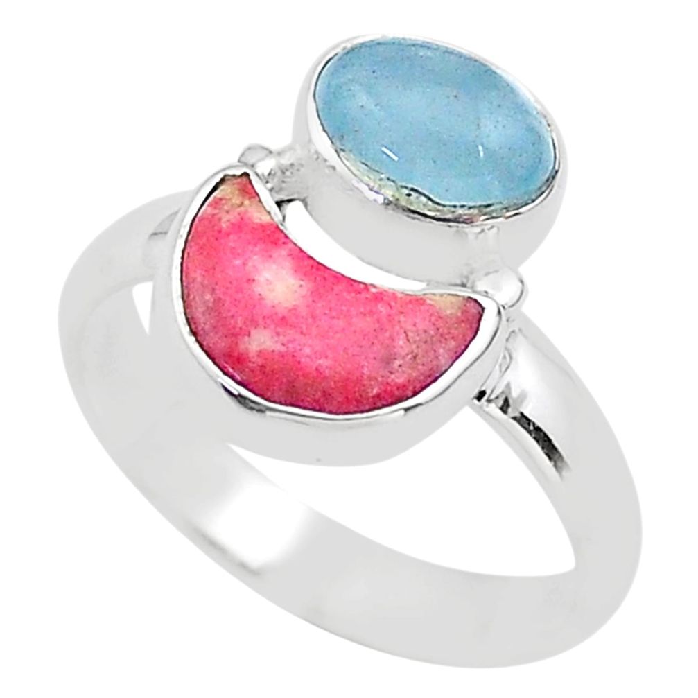 6.04cts moon natural blue aquamarine thulite 925 silver ring size 7 t68812