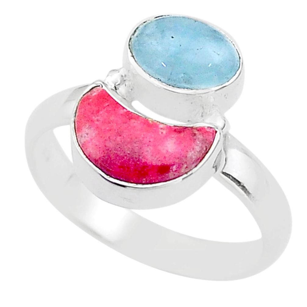 6.40cts moon natural blue aquamarine thulite 925 silver ring size 8 t68813