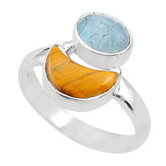 6.04cts moon natural blue aquamarine tiger's eye 925 silver ring size 8.5 t68818