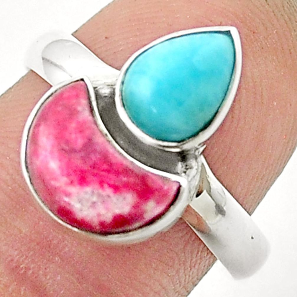 7.66cts moon natural pink thulite blue larimar 925 silver ring size 8.5 u37433
