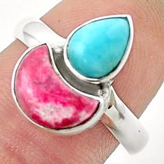 7.66cts moon natural pink thulite blue larimar 925 silver ring size 8.5 u37433