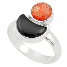 Moon natural sunstone (hematite feldspar) onyx 925 silver ring size 7.5 t68653