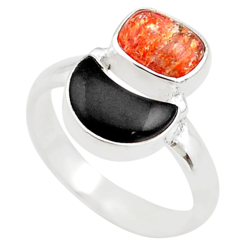 Moon natural sunstone (hematite feldspar) onyx 925 silver ring size 7.5 t68658