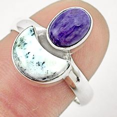 7.20cts moon natural white dendrite opal charoite 925 silver ring size 8 u37406