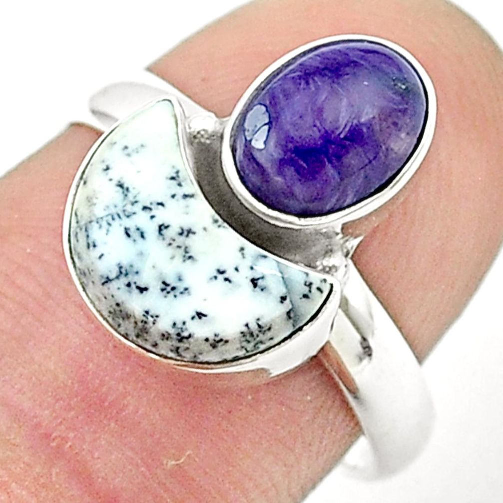 8.32cts moon natural white dendrite opal charoite 925 silver ring size 8 u37407