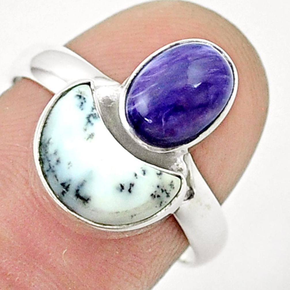 7.30cts moon natural white dendrite opal charoite 925 silver ring size 8 u37408