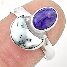 7.62cts moon natural white dendrite opal charoite 925 silver ring size 8 u37419
