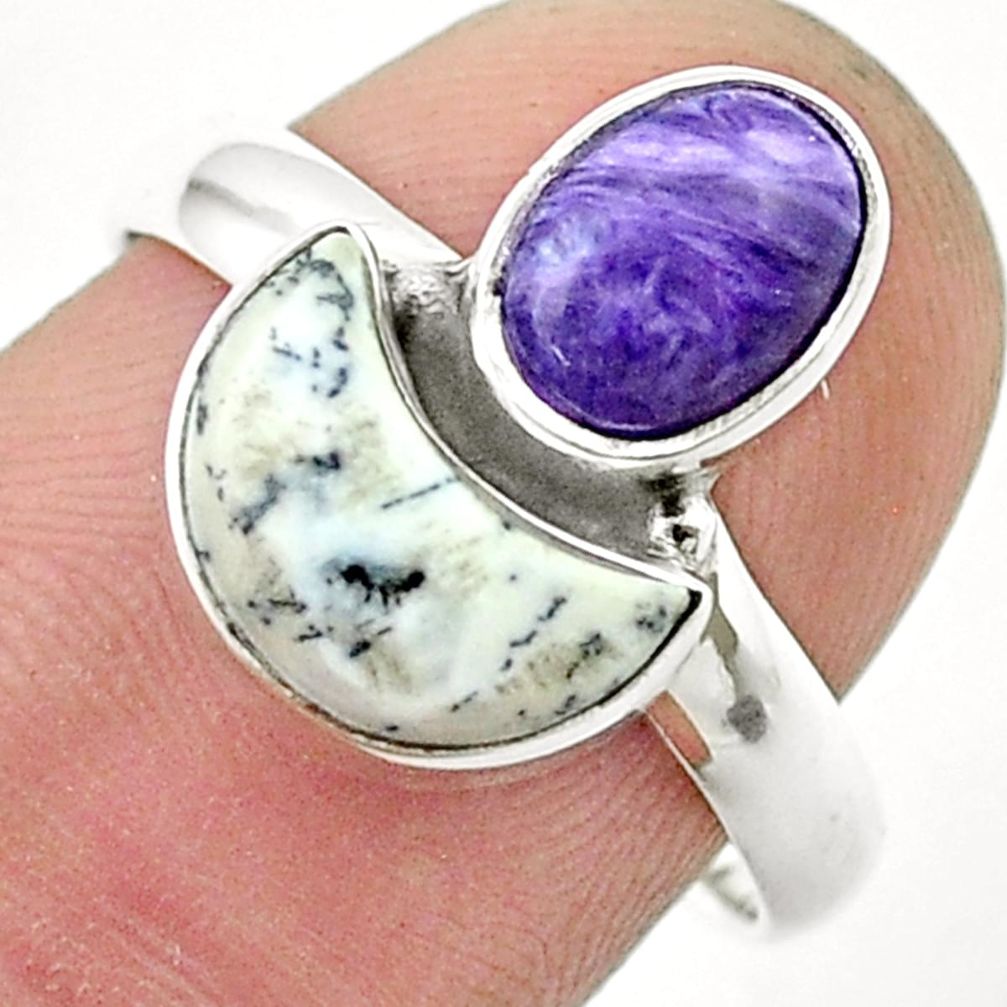 7.64cts moon natural white dendrite opal charoite silver ring size 8.5 u37427